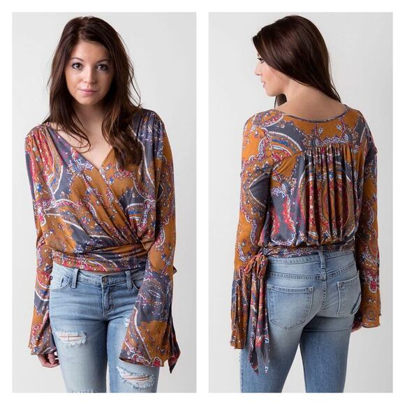 Free People Tops - Free People Boho Faux Wrap Tie Waist Bell Sleeve Top In Golden Combo Size M